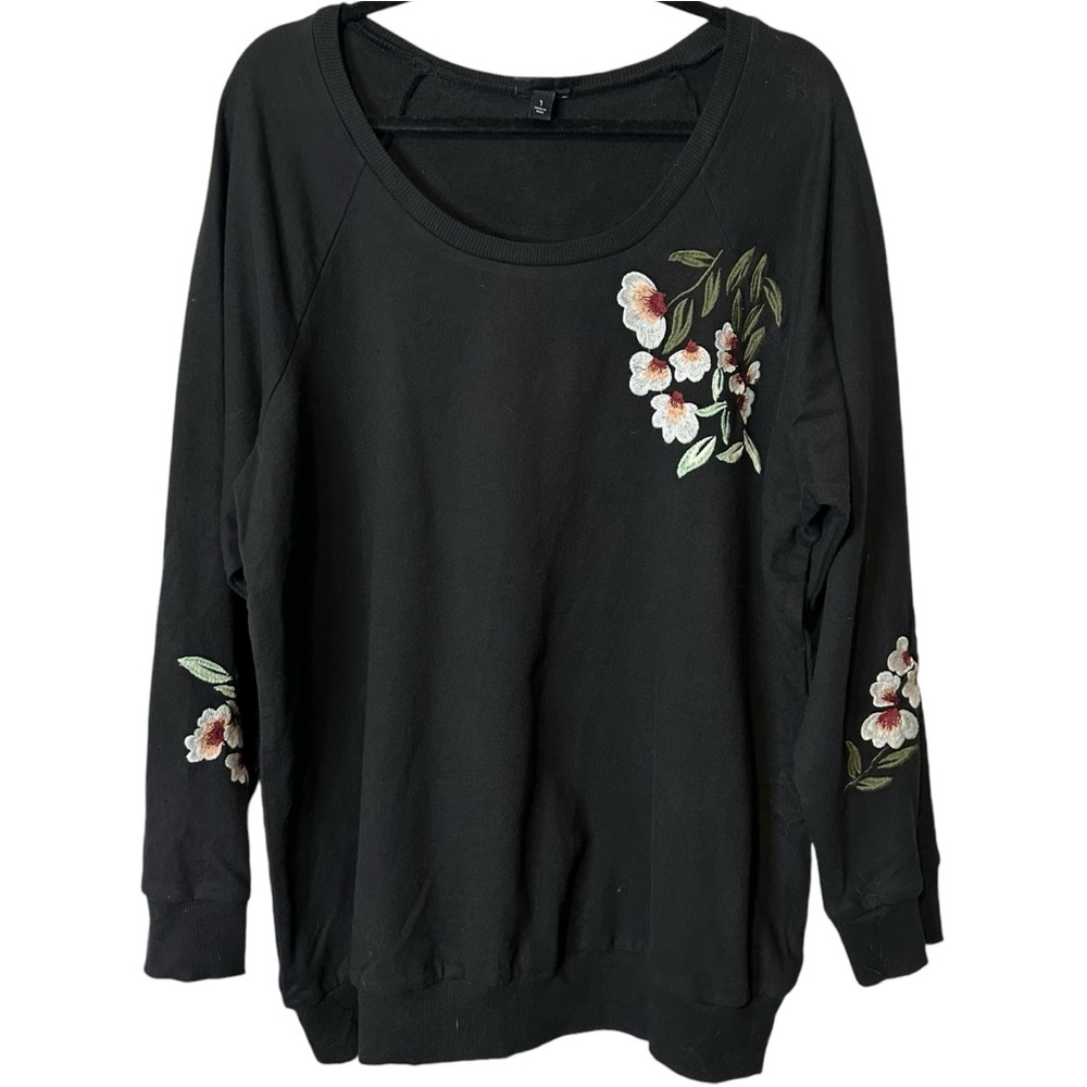 Torrid Black Floral Embroidered Pullover 1X Cotton Long Sleeve Cozy Boho Chic